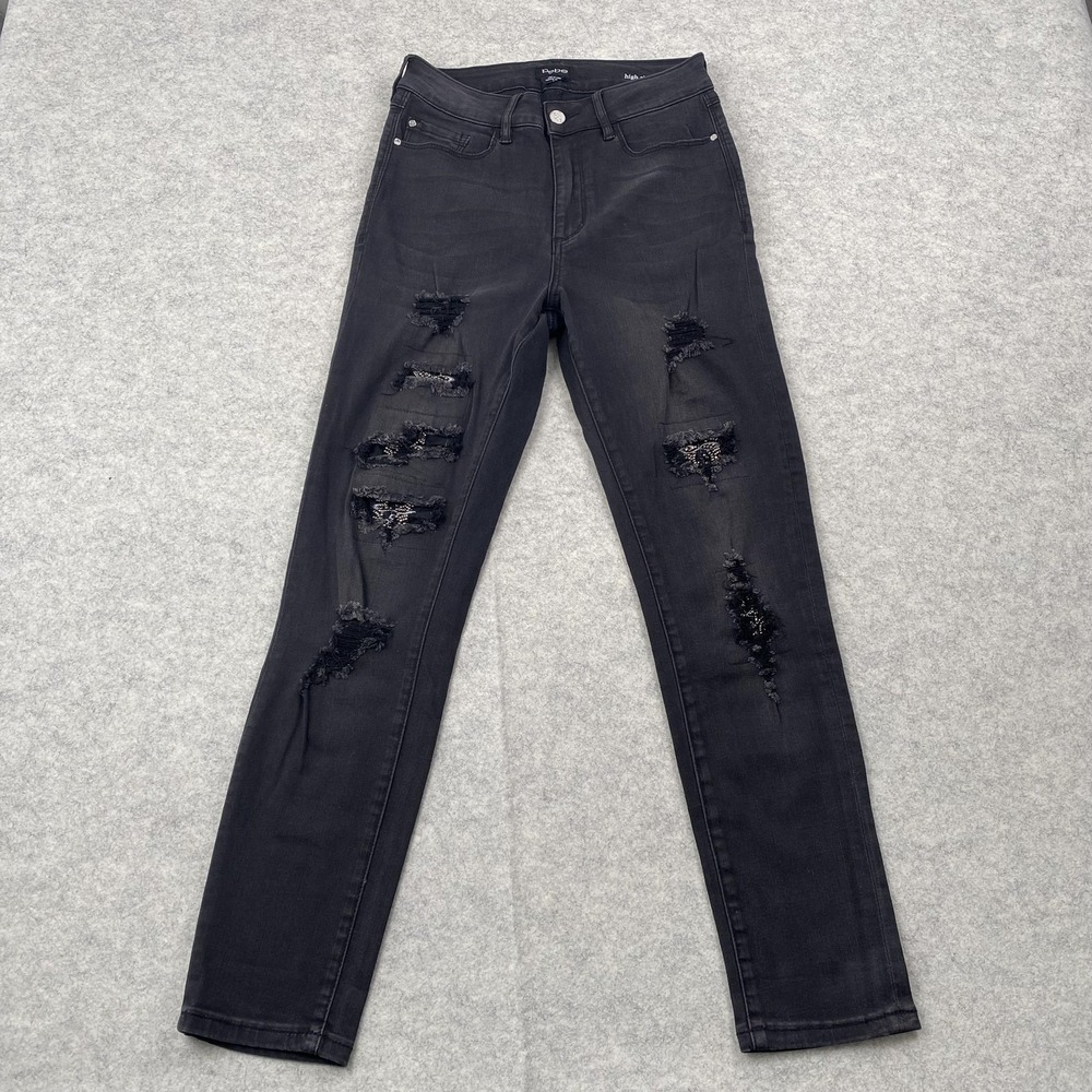 Bebe Jeans Womens 27 (26x27) Black High Rise Ankle Slim Distressed Beaded Lace